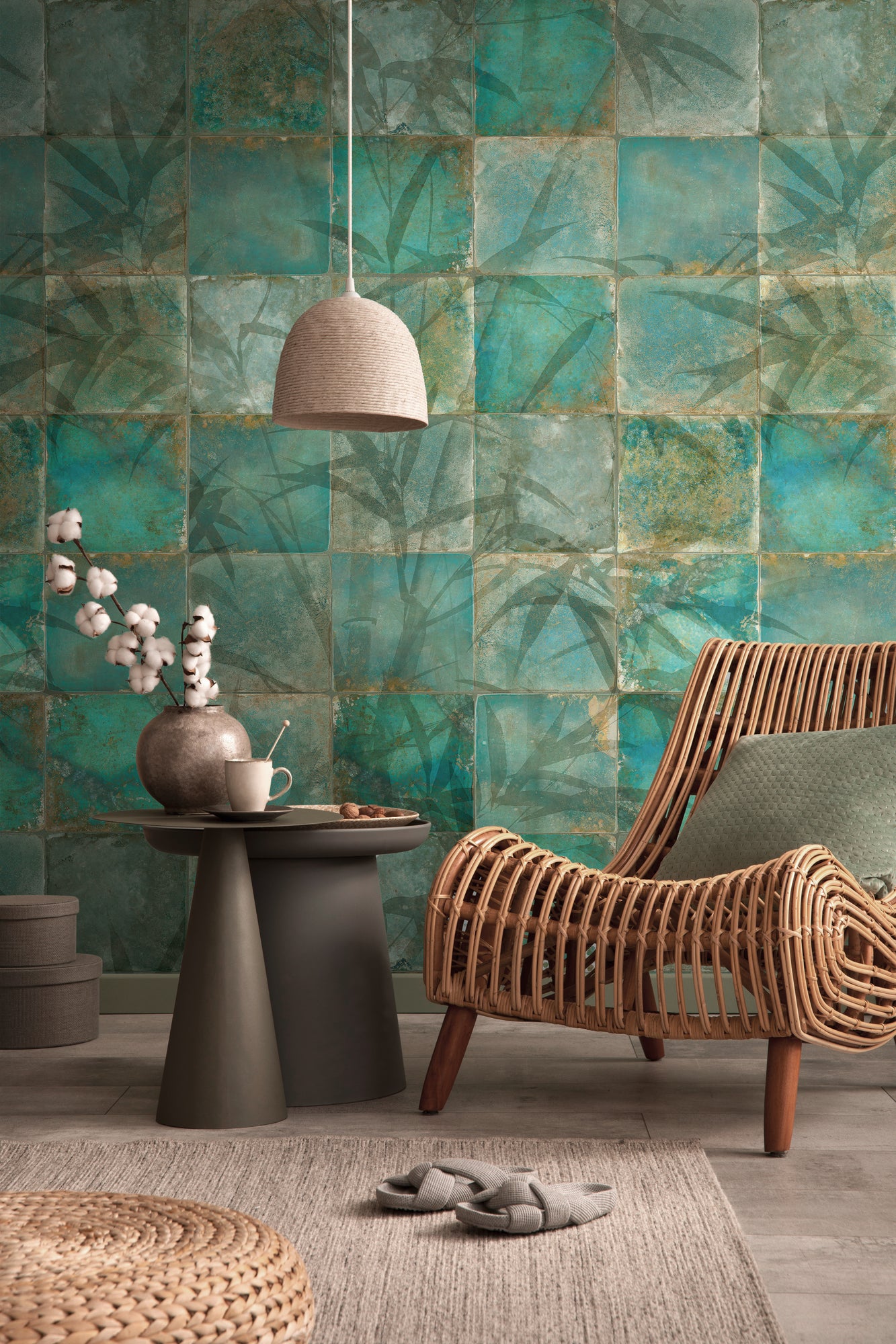 Fototapete Bambus Mosaik Teal - 1,59 m x 2,80 m