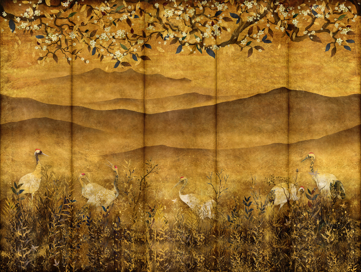 Fototapete Kraniche Gold - 3,71 m x 2,80 m