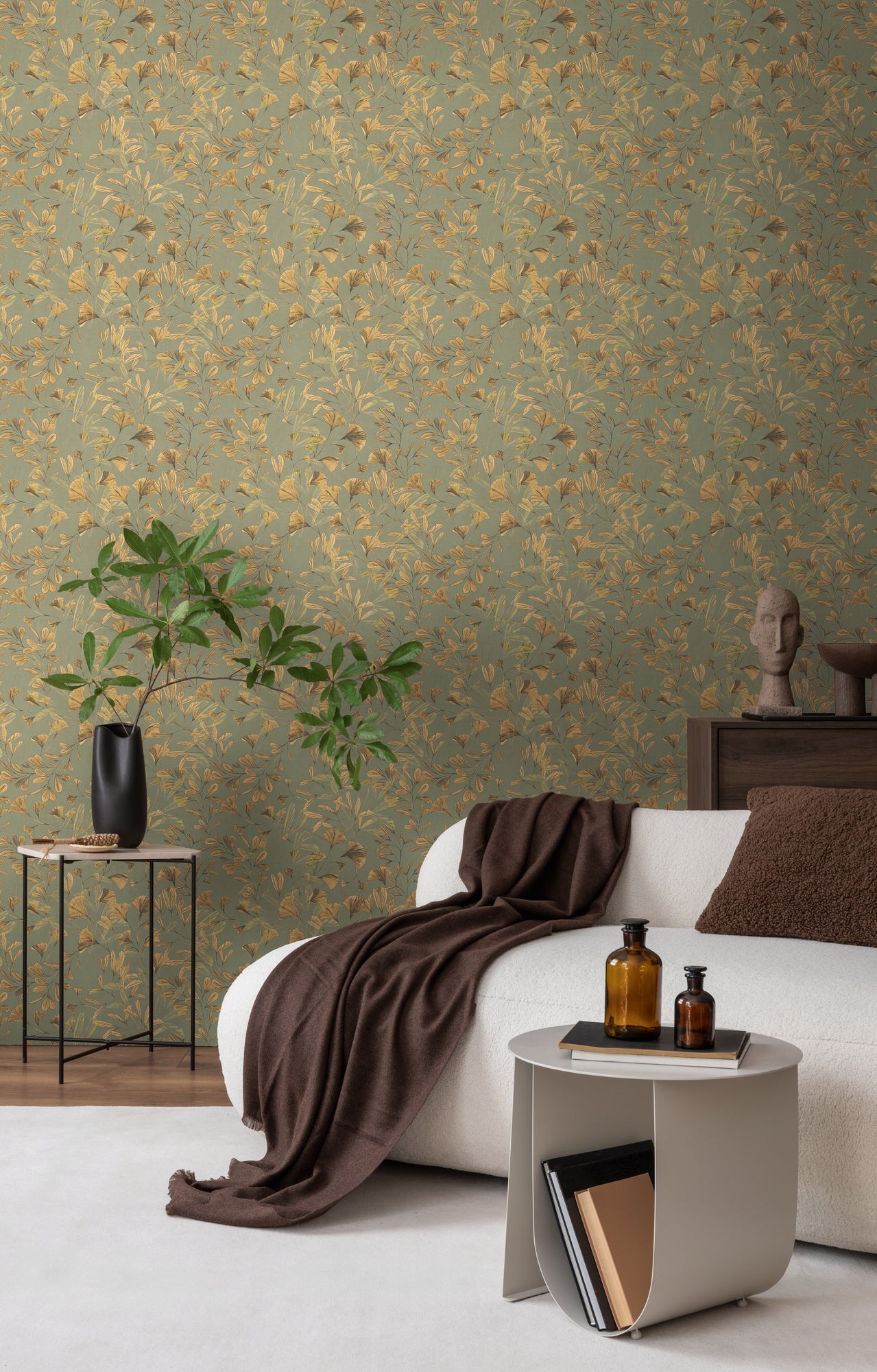 Mustertapete Ginkgo Blätter Grün Gold - 10,05 m x 0,53 m