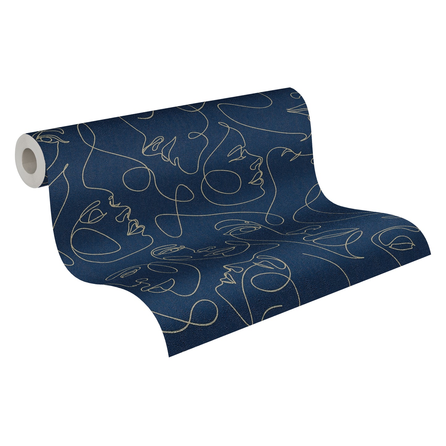 Mustertapete Gesichter Line-Art Gold & Dunkelblau - 10,05 m x 0,53 m