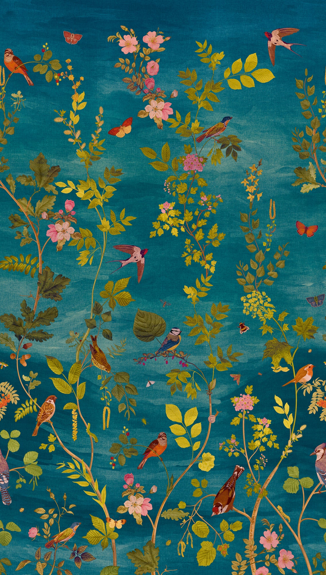 Fototapete Vögel Blumen Blau Grün - 1,59 m x 2,80 m