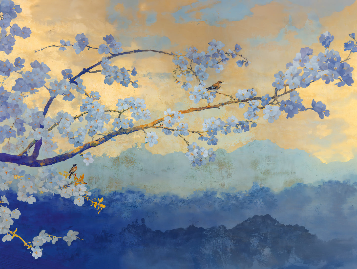 Fototapete Kirschblüten Blau Gold - 3,71 m x 2,80 m