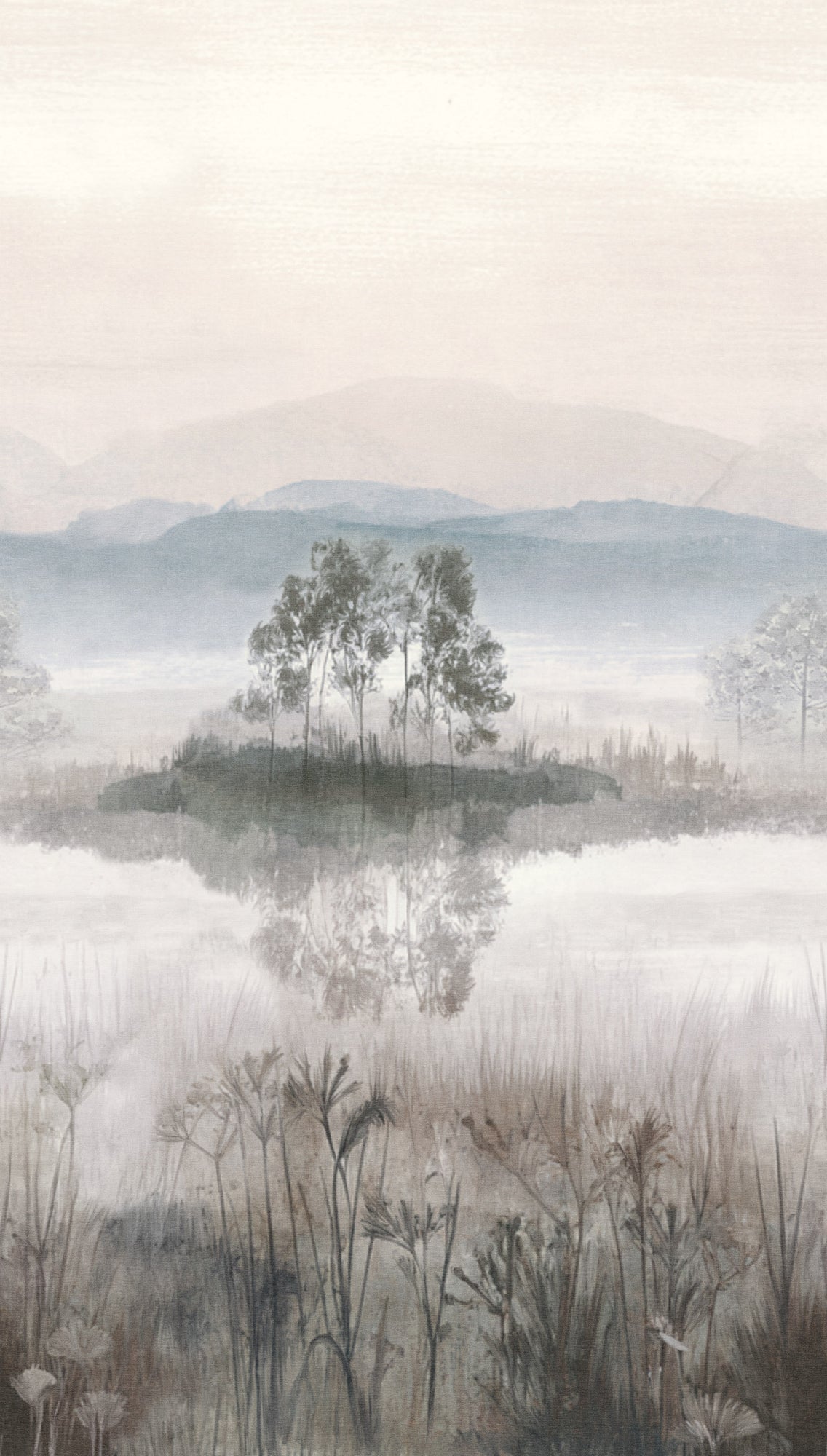 Fototapete See Nebel Beige Blau - 1,59 m x 2,80 m