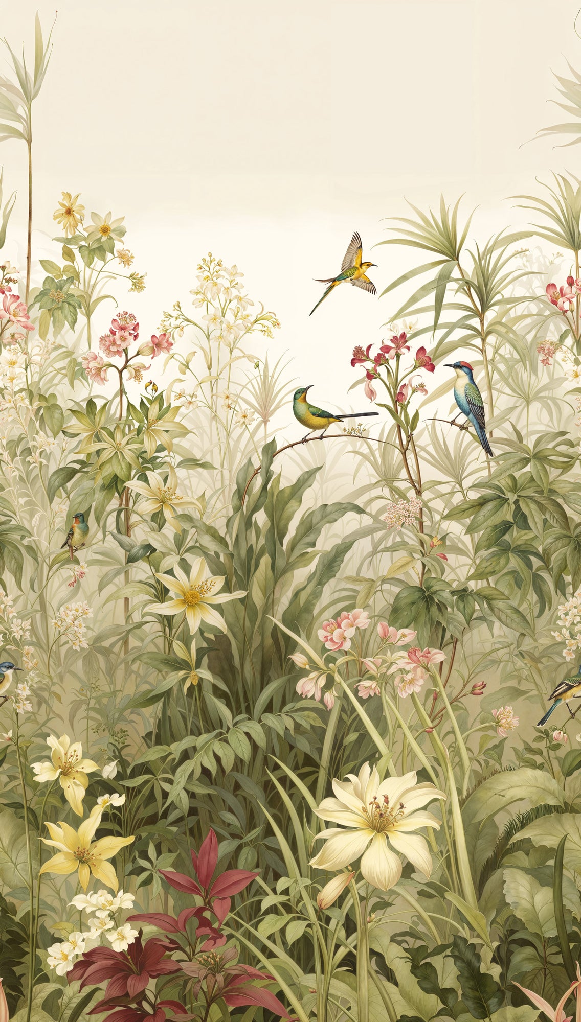 Fototapete Vögel Blumen Beige Grün - 1,59 m x 2,80 m