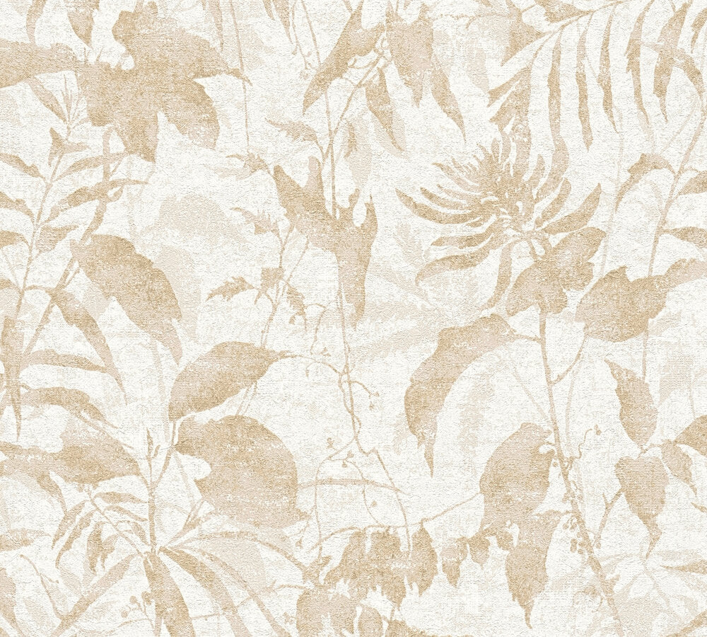 Strukturtapete Blattsilhouetten Beige-Gold Tropisch