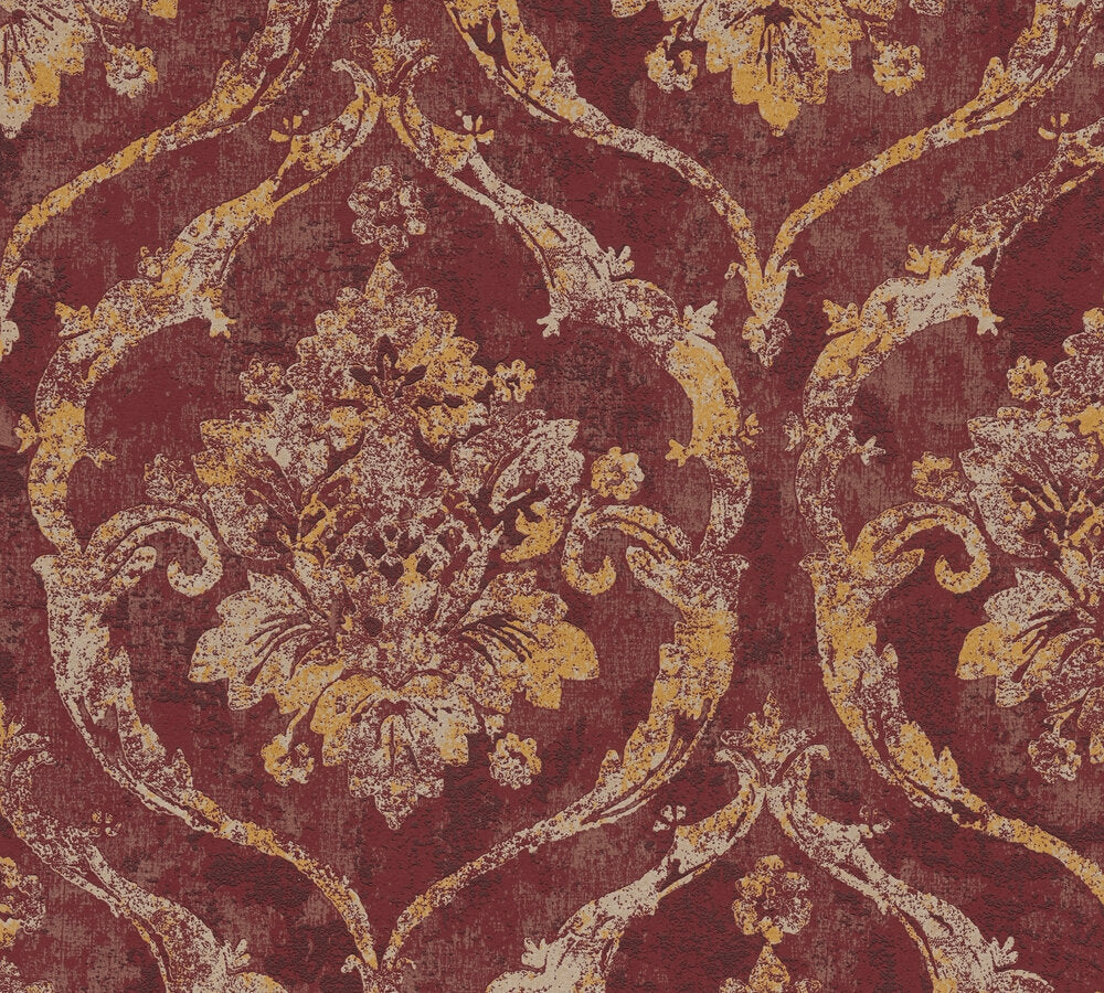 Strukturtapete Barock-Ornament Weinrot-Gold