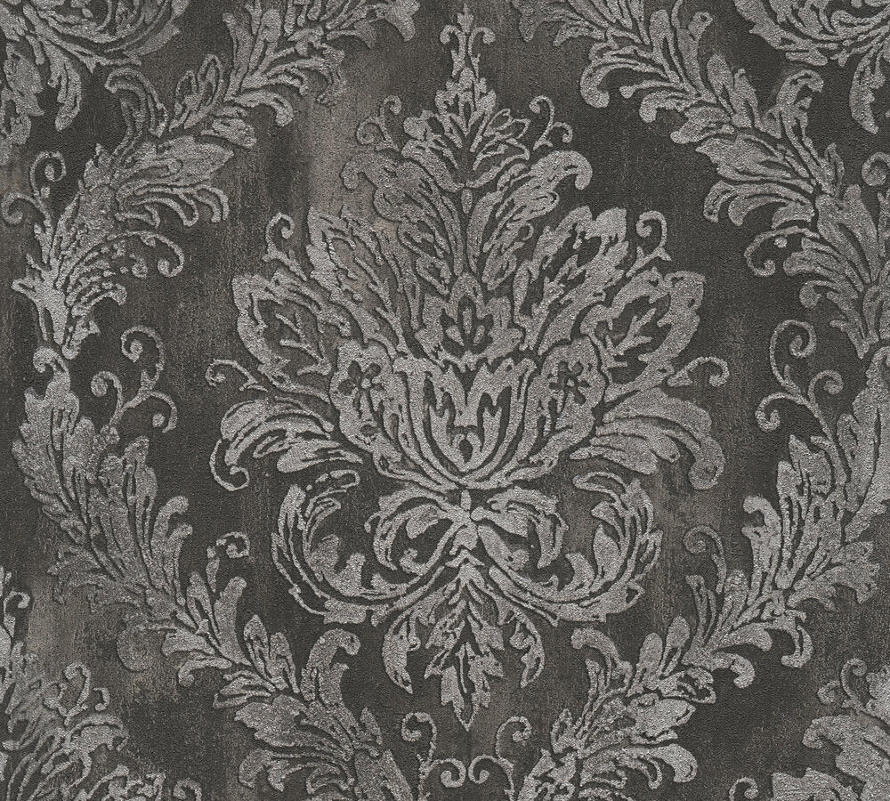 Strukturtapete Barock-Ornament Anthrazit-Silber