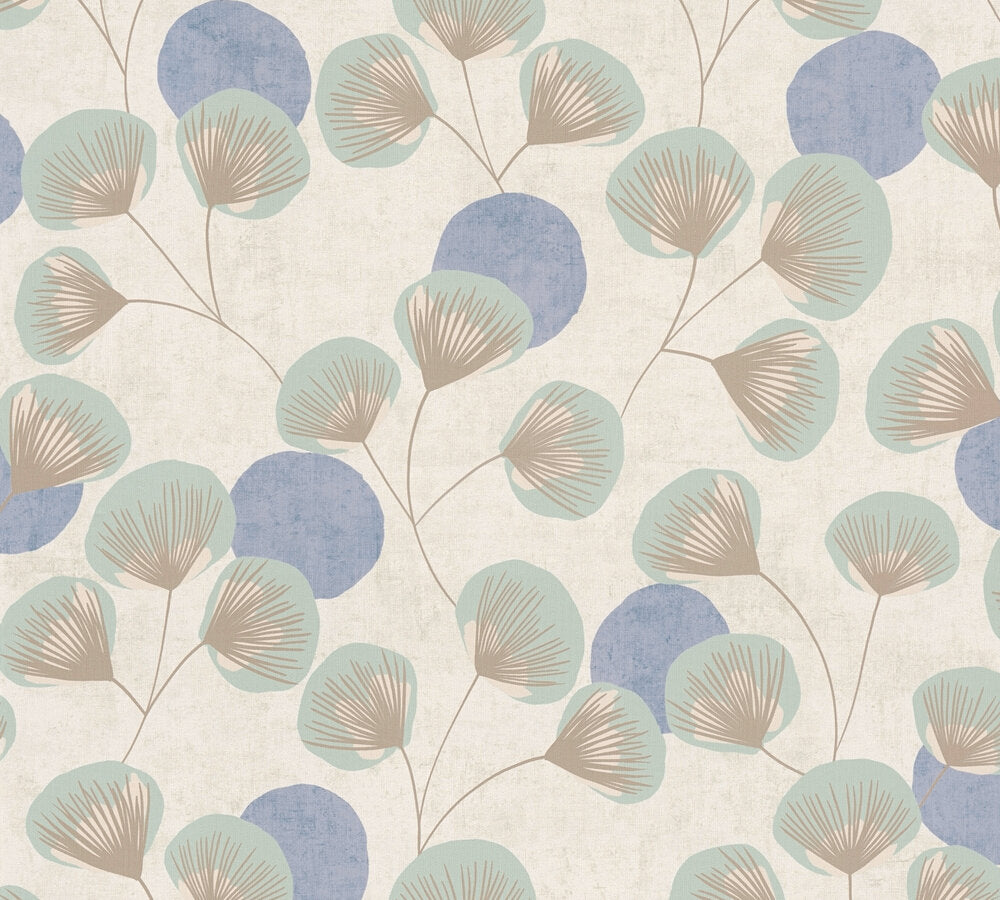 Strukturtapete Ginkgo-Fächer Blau-Beige