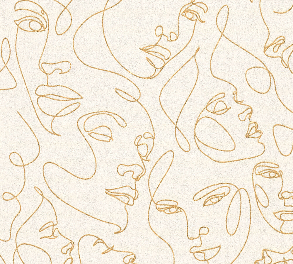 Strukturtapete Gesichter Line-Art Gold & Creme