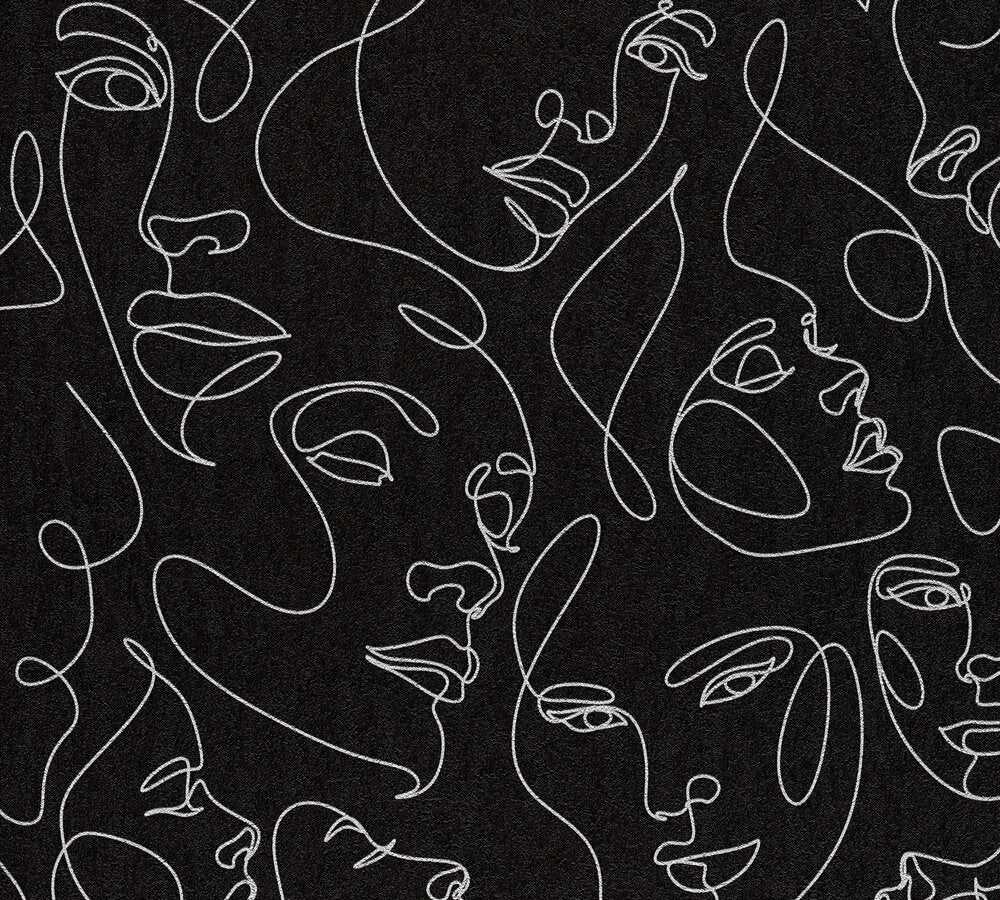 Mustertapete Gesichter Line-Art Weiß & Schwarz - 10,05 m x 0,53 m