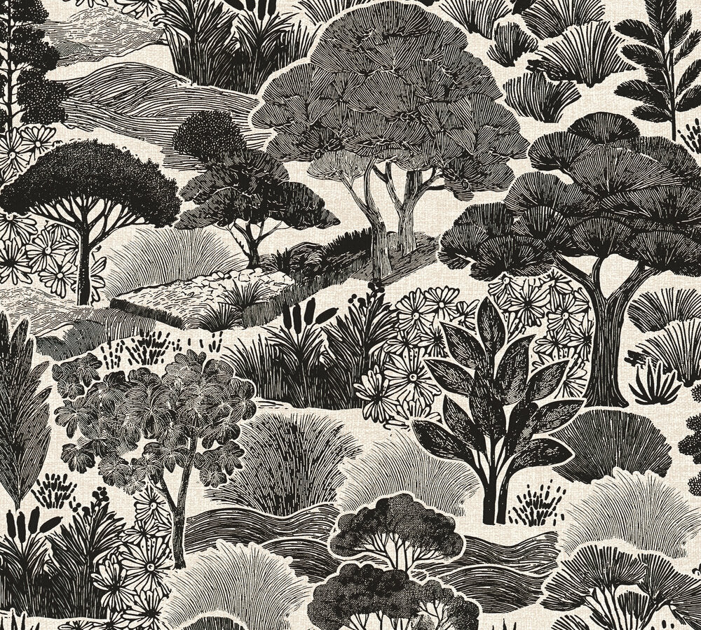 Strukturtapete Japanische Landschaft Schwarz-Beige