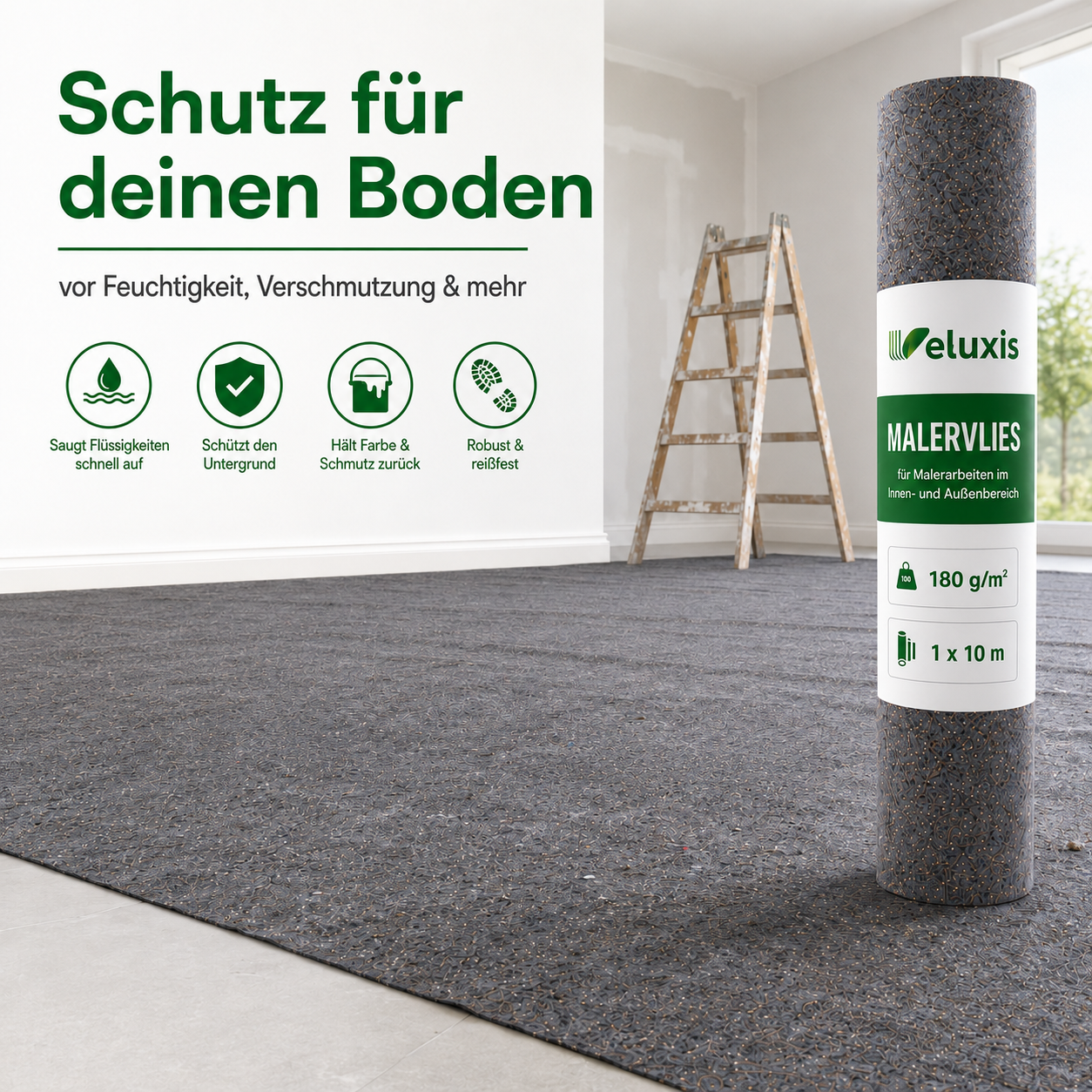 Veluxis Malervlies 180 g/m² 1 x 10 m – Saugvlies mit PE-Folienunterseite