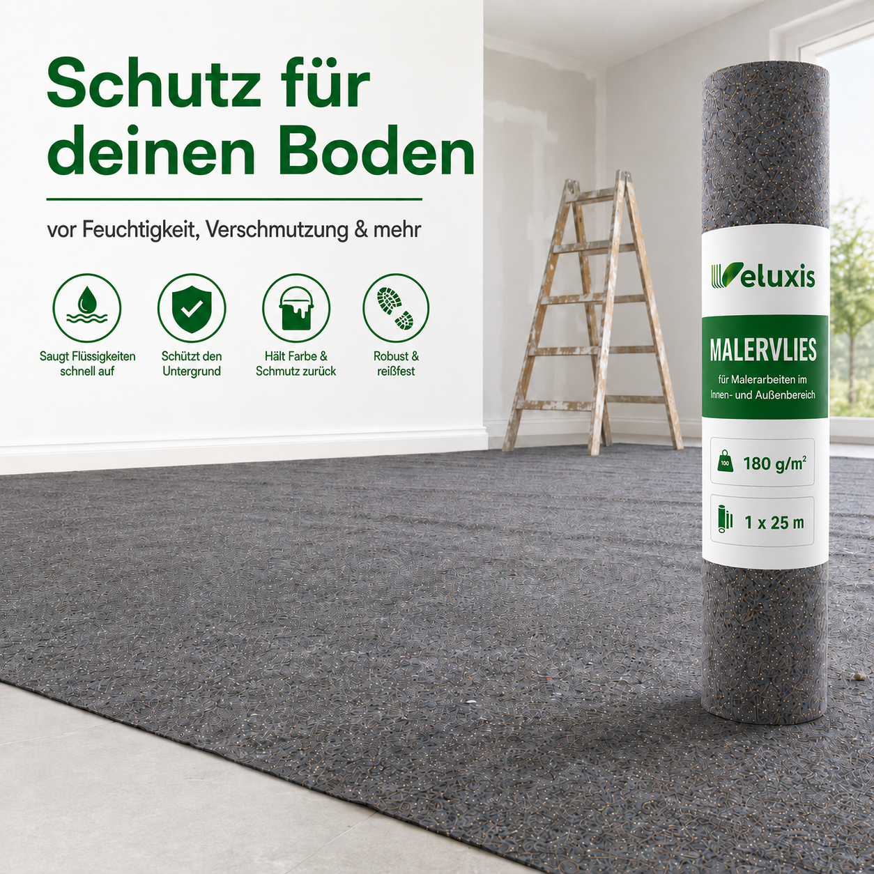 Veluxis Malervlies 180 g/m² 1 x 25 m – Saugvlies mit PE-Folienunterseite