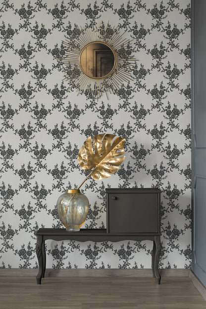 Belle Epoque Papiertapete Weiß Creme Schwarz 10,05 m x 0,53 m