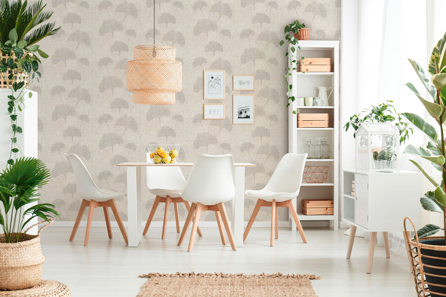 Mustertapete Ginkgo Beige-Grau - 10,05 m x 0,53 m
