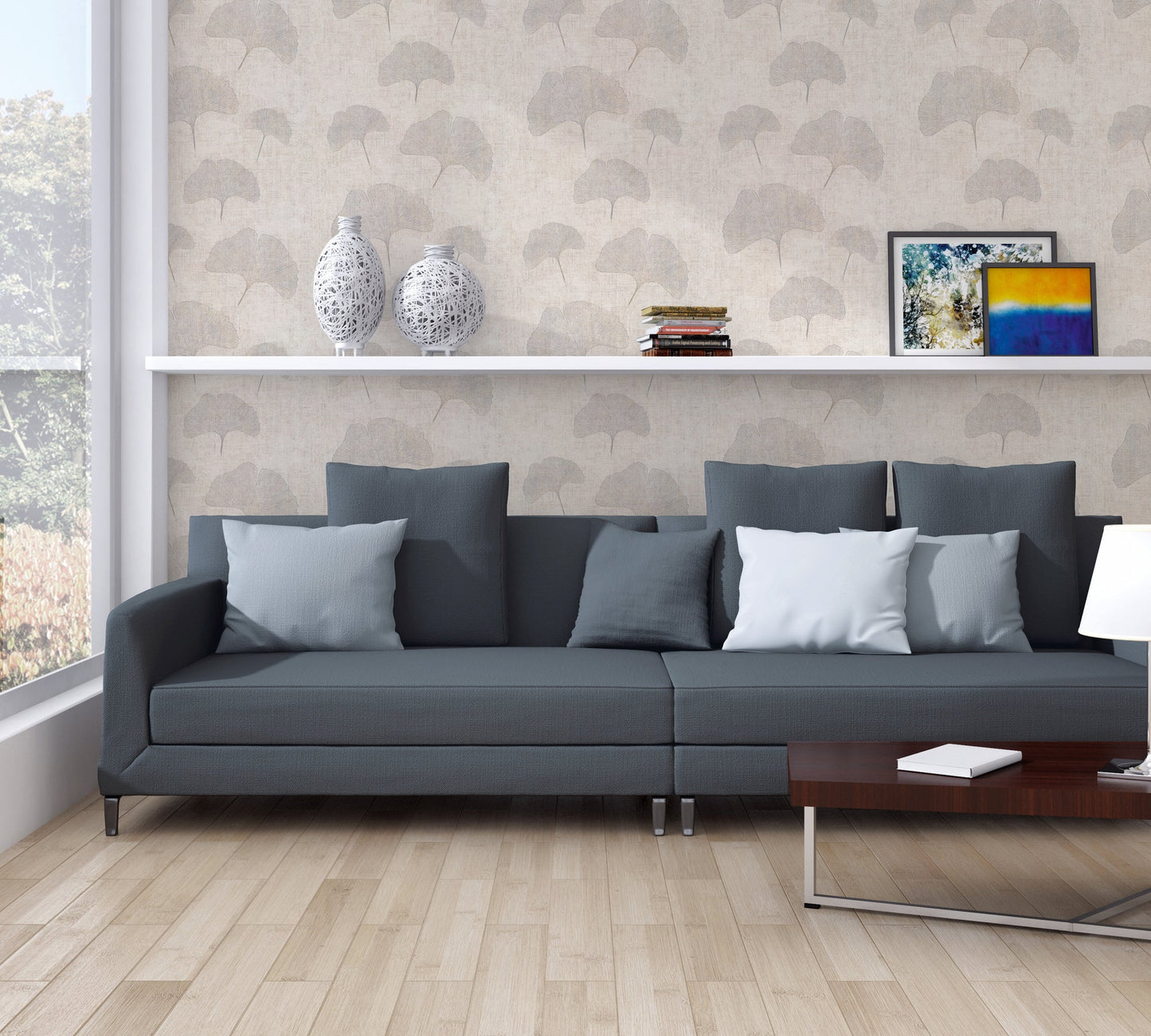 Mustertapete Ginkgo Beige-Grau - 10,05 m x 0,53 m