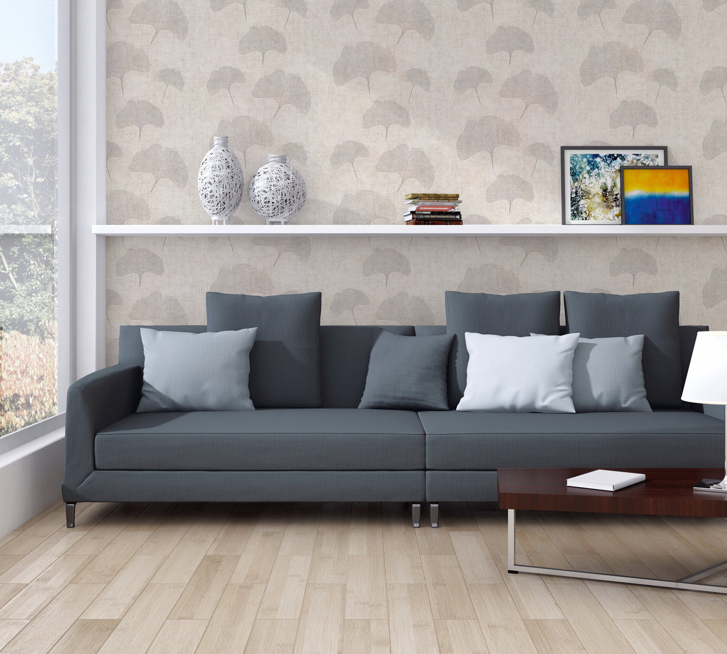 Mustertapete Ginkgo Beige-Grau - 10,05 m x 0,53 m
