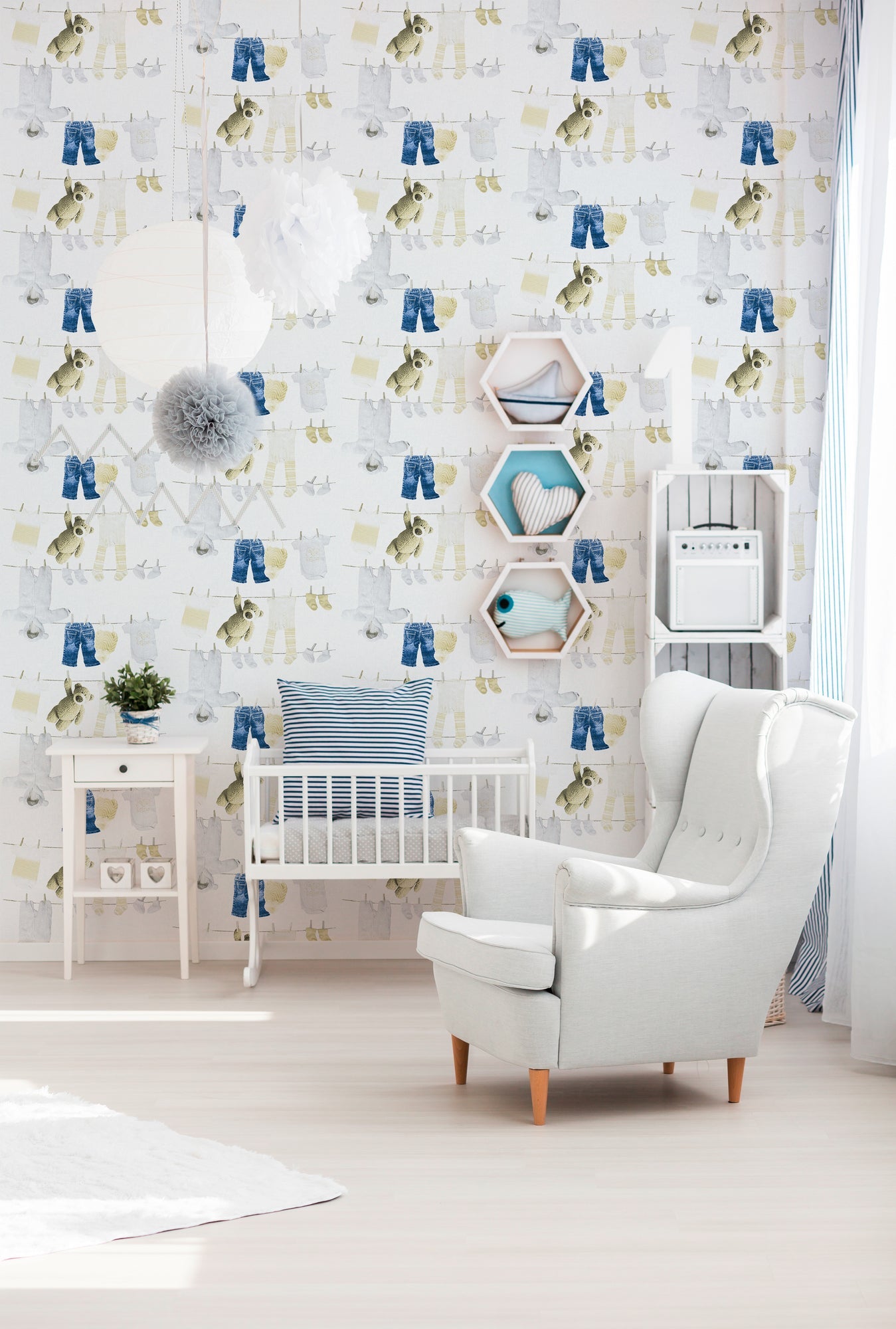 Little Stars Direktdruck-Vliestapete Creme Blau Weiß 10,05 m x 0,53 m