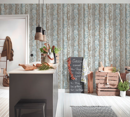 Elements Vinyl-Vliestapete Blau Braun Grau 10,05 m x 0,53 m