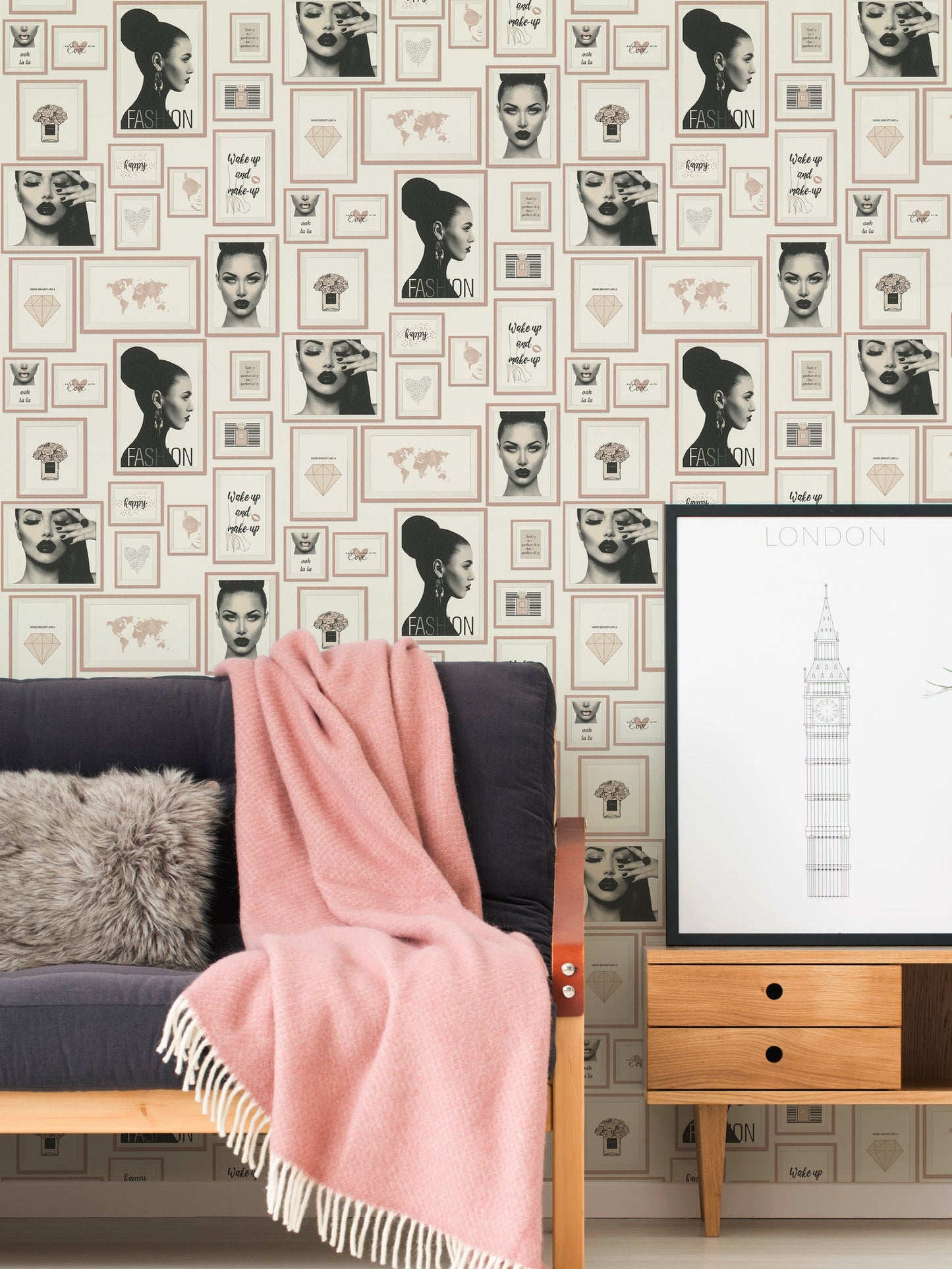 Livingwalls Lola Paris Vinyl-Vliestapete Rosa Schwarz Weiß 10,05 m x 0,53 m