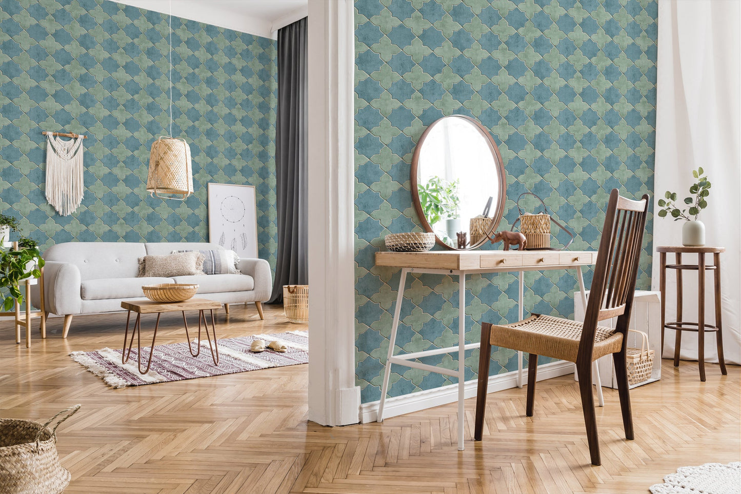 Livingwalls New Walls Finca Home Vinyl-Vliestapete Blau Grün Beige 10,05 m x 0,53 m