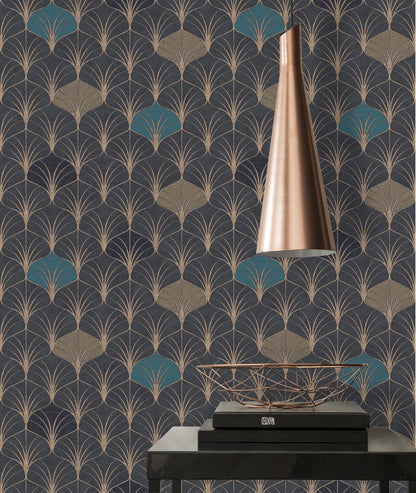 Pop Style Geometrische Vliestapete Schwarz Gold Blau 10,05 m x 0,53 m