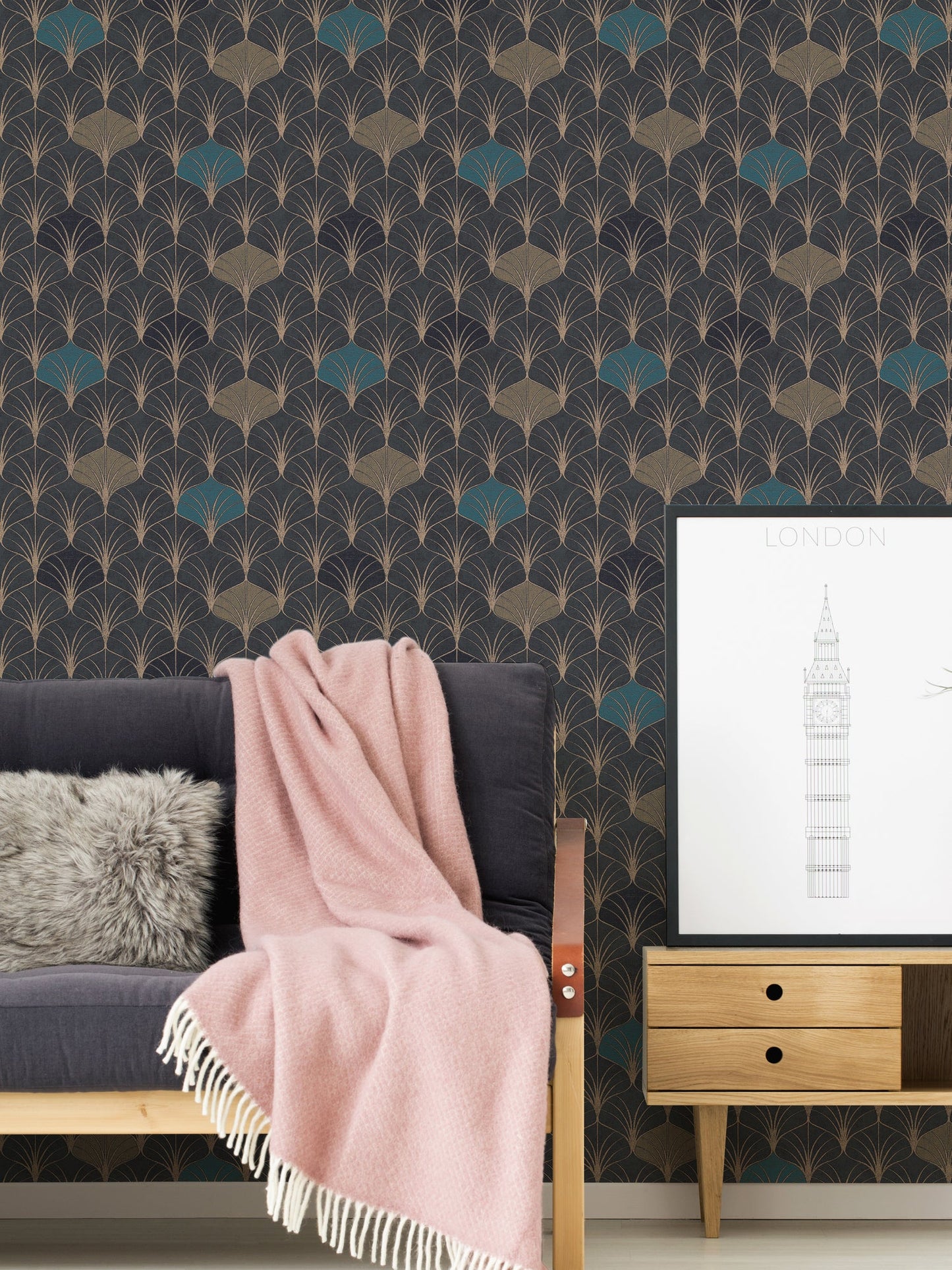 Pop Style Geometrische Vliestapete Schwarz Gold Blau 10,05 m x 0,53 m