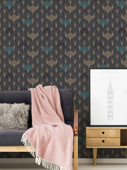 Pop Style Geometrische Vliestapete Schwarz Gold Blau 10,05 m x 0,53 m