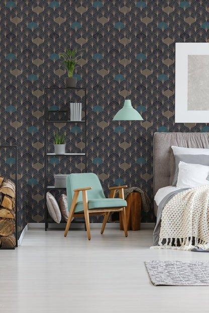 Pop Style Geometrische Vliestapete Schwarz Gold Blau 10,05 m x 0,53 m