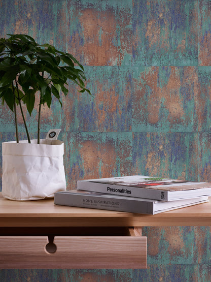 The Wallcover Tapete selbstklebend im Industrial Look Braun Türkis 8,40 m x 0,53 m