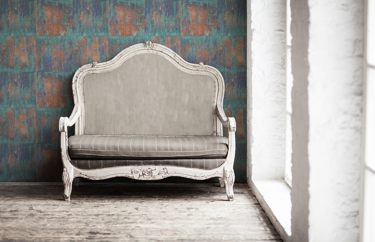 The Wallcover Tapete selbstklebend im Industrial Look Braun Türkis 8,40 m x 0,53 m