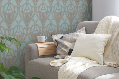 Livingwalls Mata Hari Vinyl-Vliestapete Türkis Braun Blau 10,05 m x 0,53 m