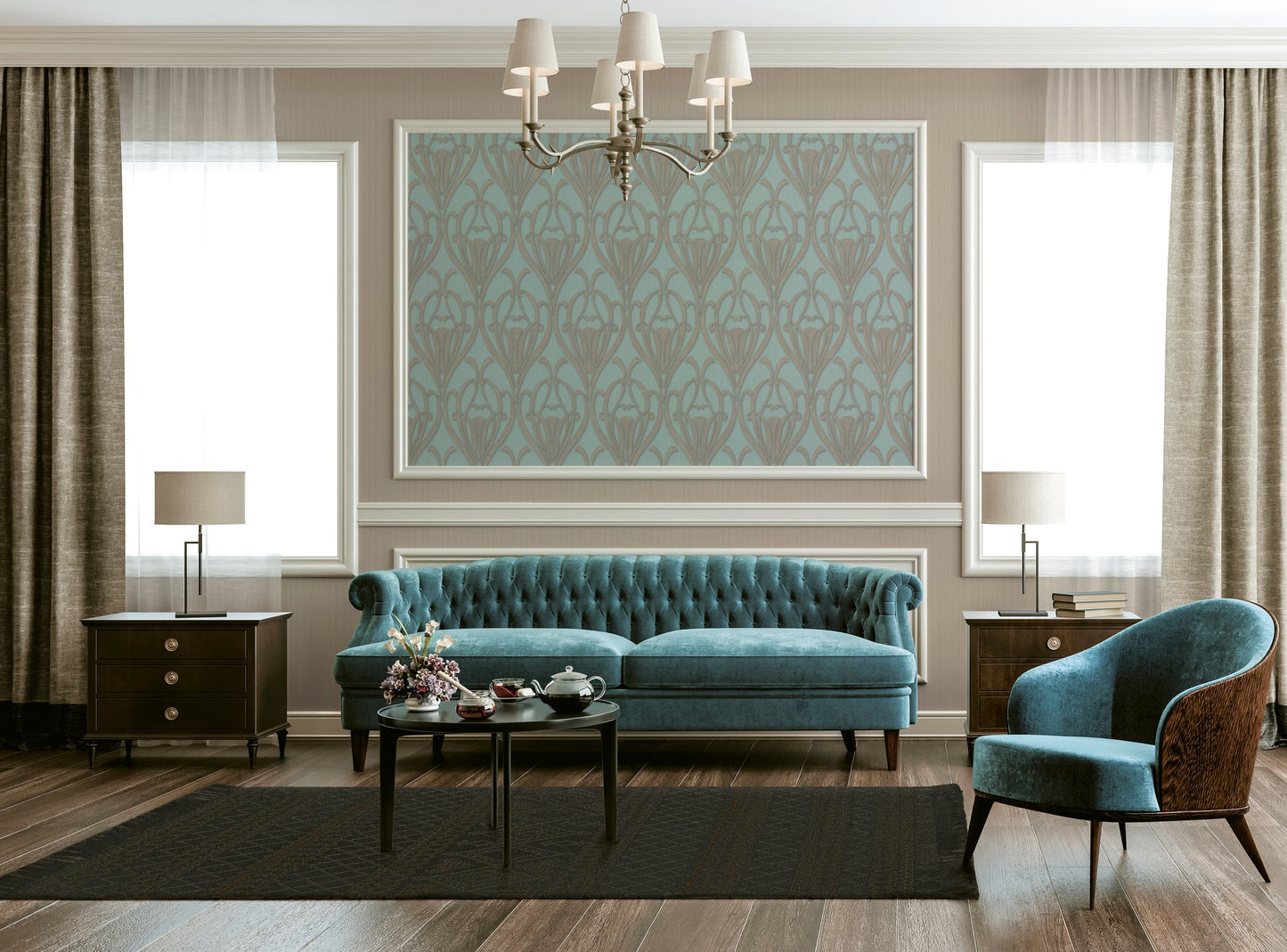 Livingwalls Mata Hari Vinyl-Vliestapete Türkis Braun Blau 10,05 m x 0,53 m