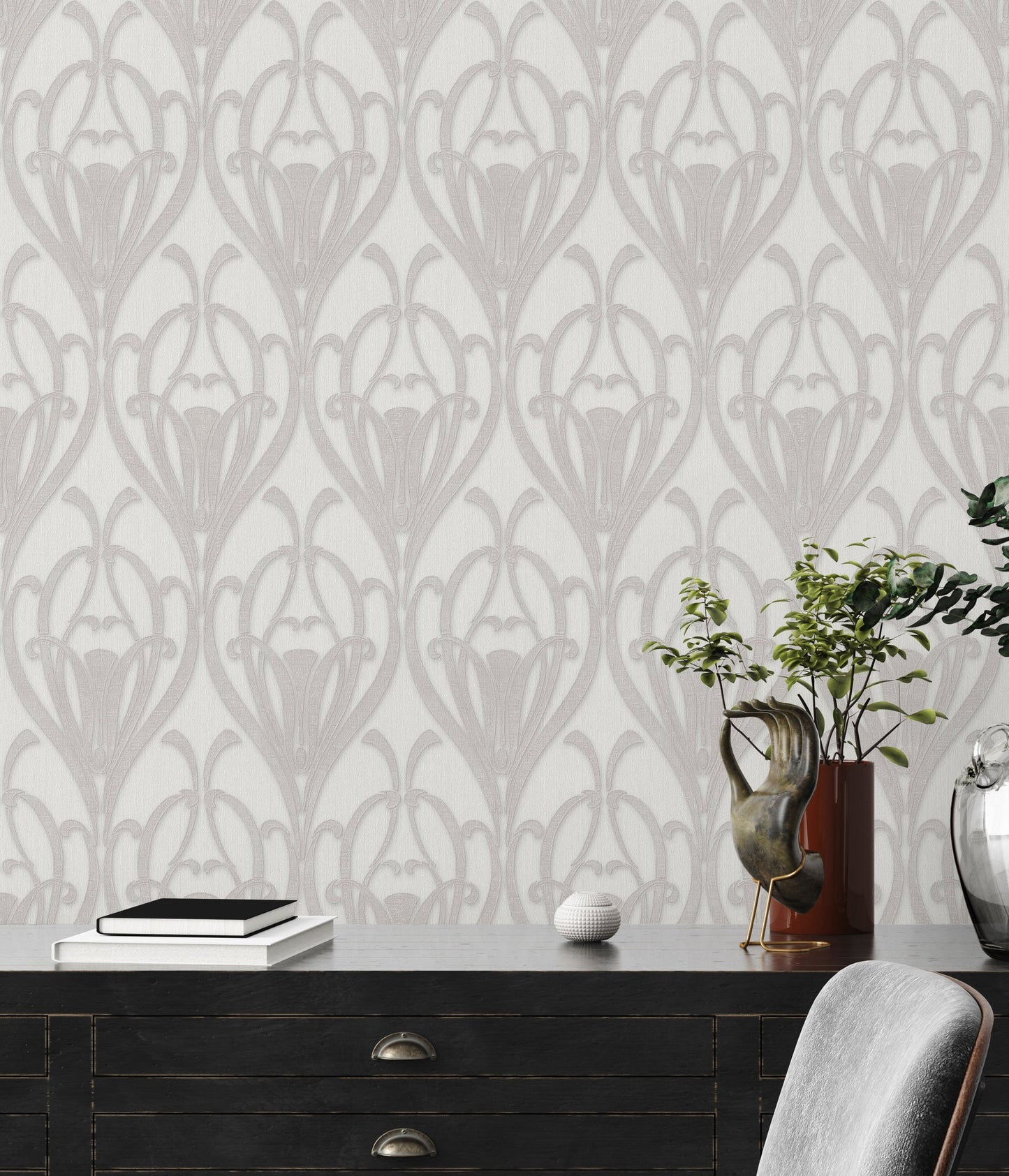 Livingwalls Mata Hari Vinyl-Vliestapete Grau Weiß 10,05 m x 0,53 m