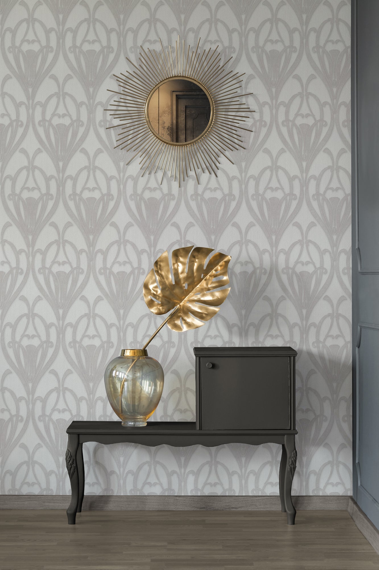 Livingwalls Mata Hari Vinyl-Vliestapete Grau Weiß 10,05 m x 0,53 m