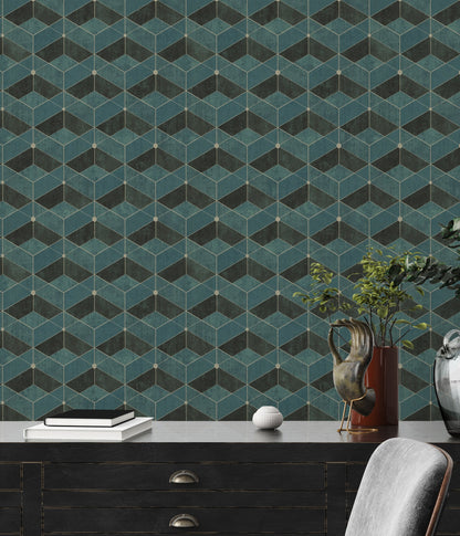 Livingwalls Titanium 3 Geometrische Vliestapete Grün Gold Schwarz 10,05 m x 0,53 m