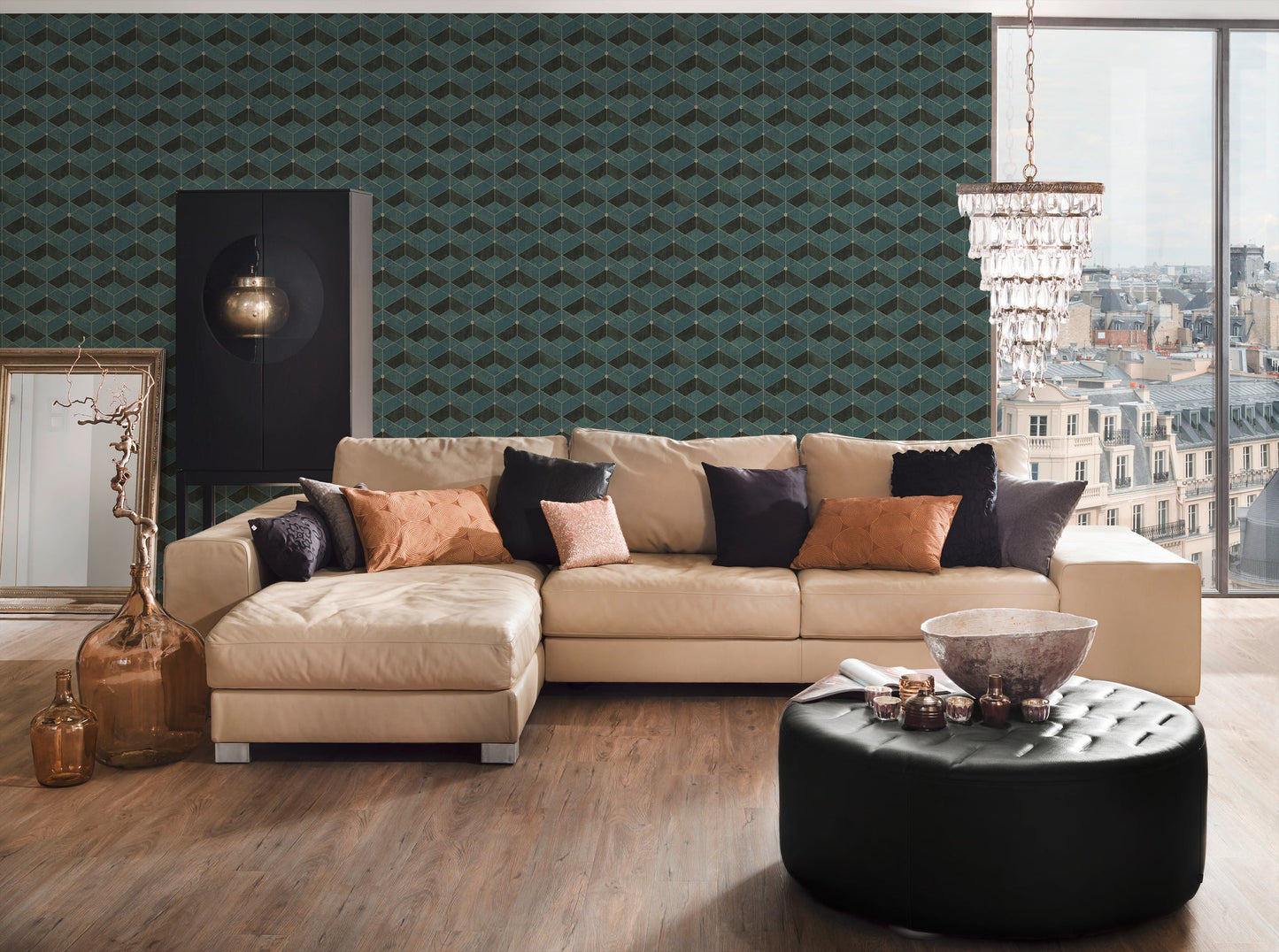 Livingwalls Titanium 3 Geometrische Vliestapete Grün Gold Schwarz 10,05 m x 0,53 m