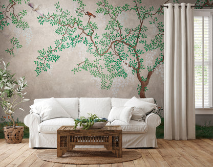 Fototapete Baum Vögel Beige Grün - 3,71 m x  2,80 m