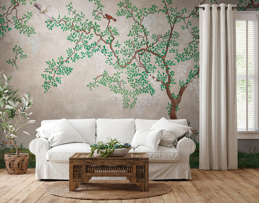 Fototapete Baum Vögel Beige Grün - 3,71 m x  2,80 m