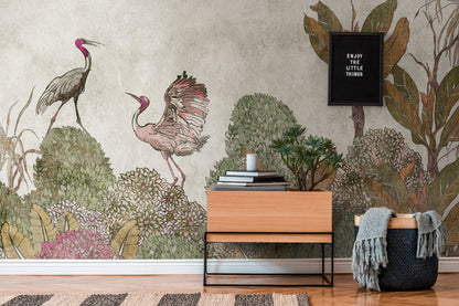 Fototapete Vögel Pflanzen Beige Grün - 3,71 m x  2,80 m