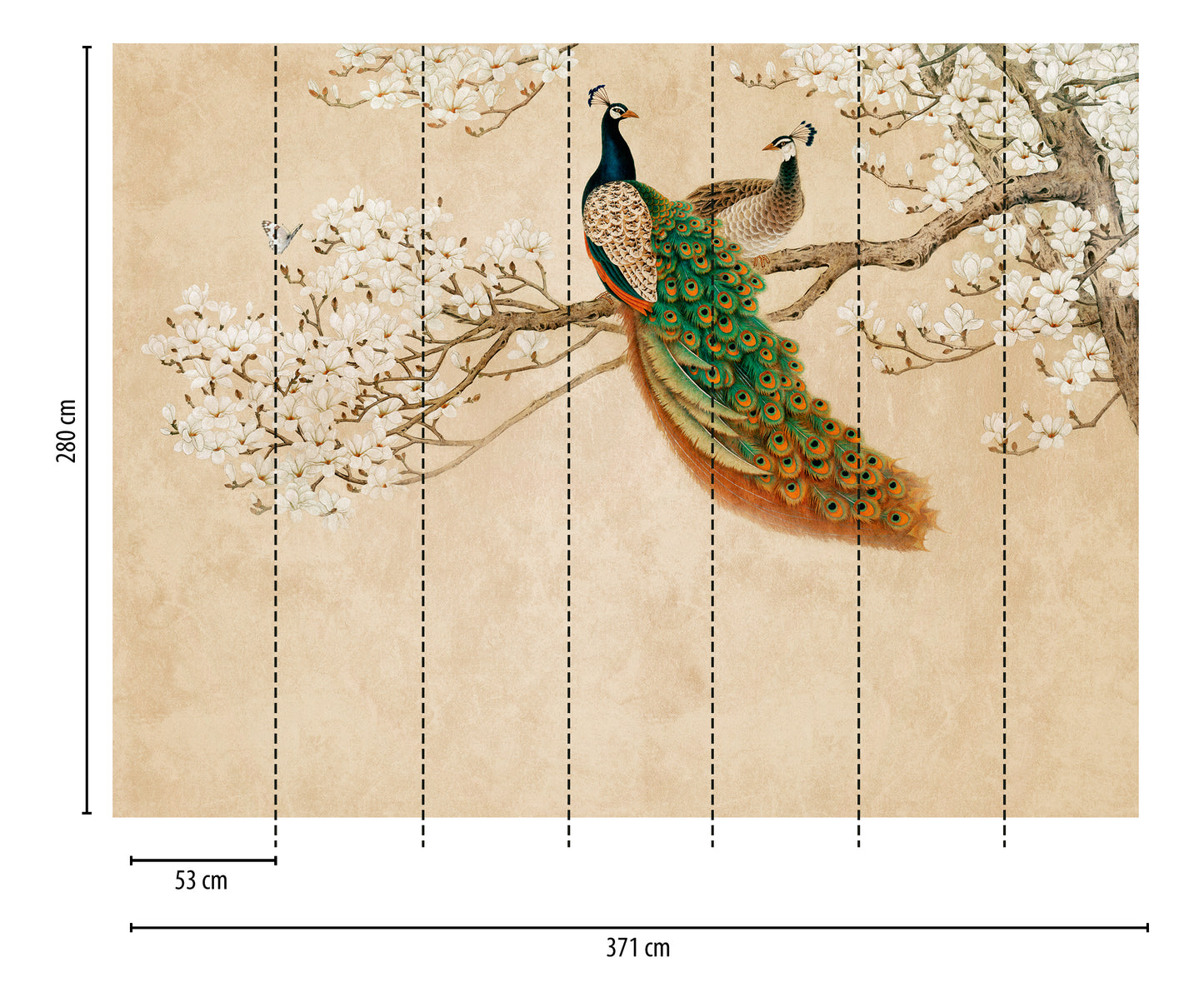 Fototapete Pfau Blüten Beige - 3,71 m x  2,80 m