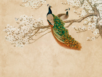 Fototapete Pfau Blüten Beige - 3,71 m x  2,80 m