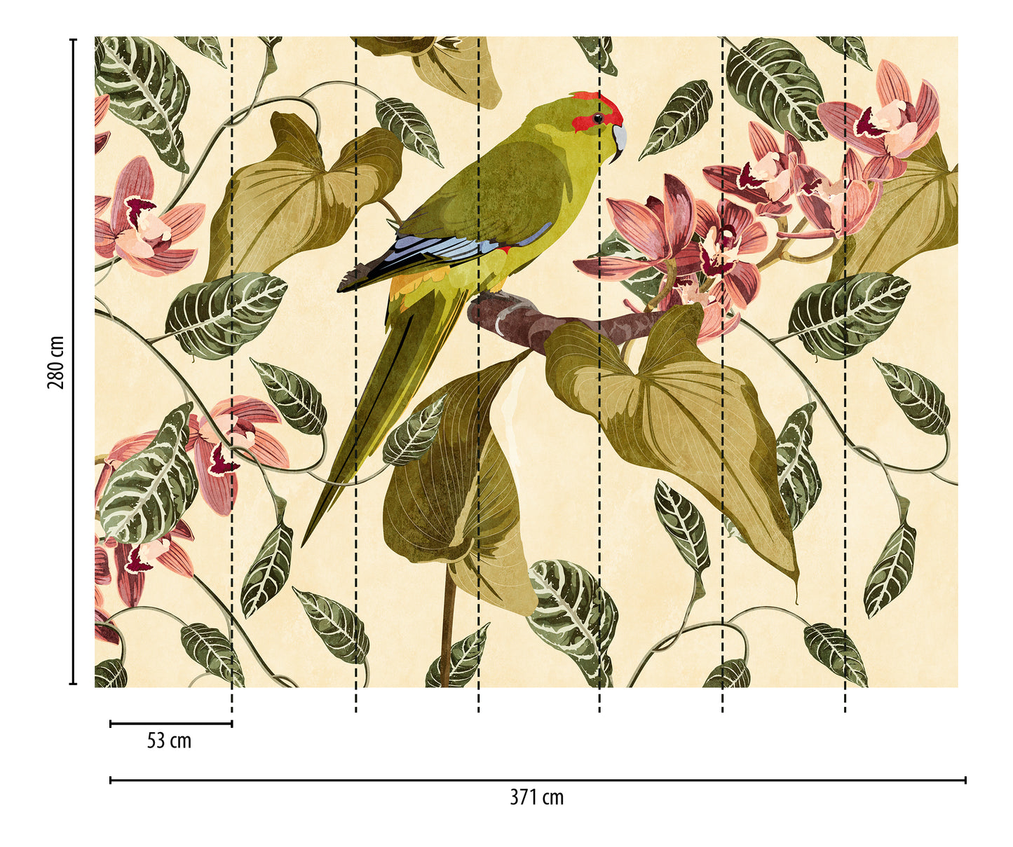 Fototapete Papagei Blüten Beige Grün - 3,71 m x  2,80 m
