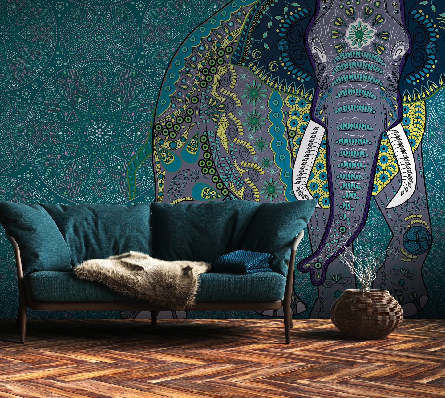 Fototapete Elefant Mandala Türkis - 3,71 m x  2,80 m