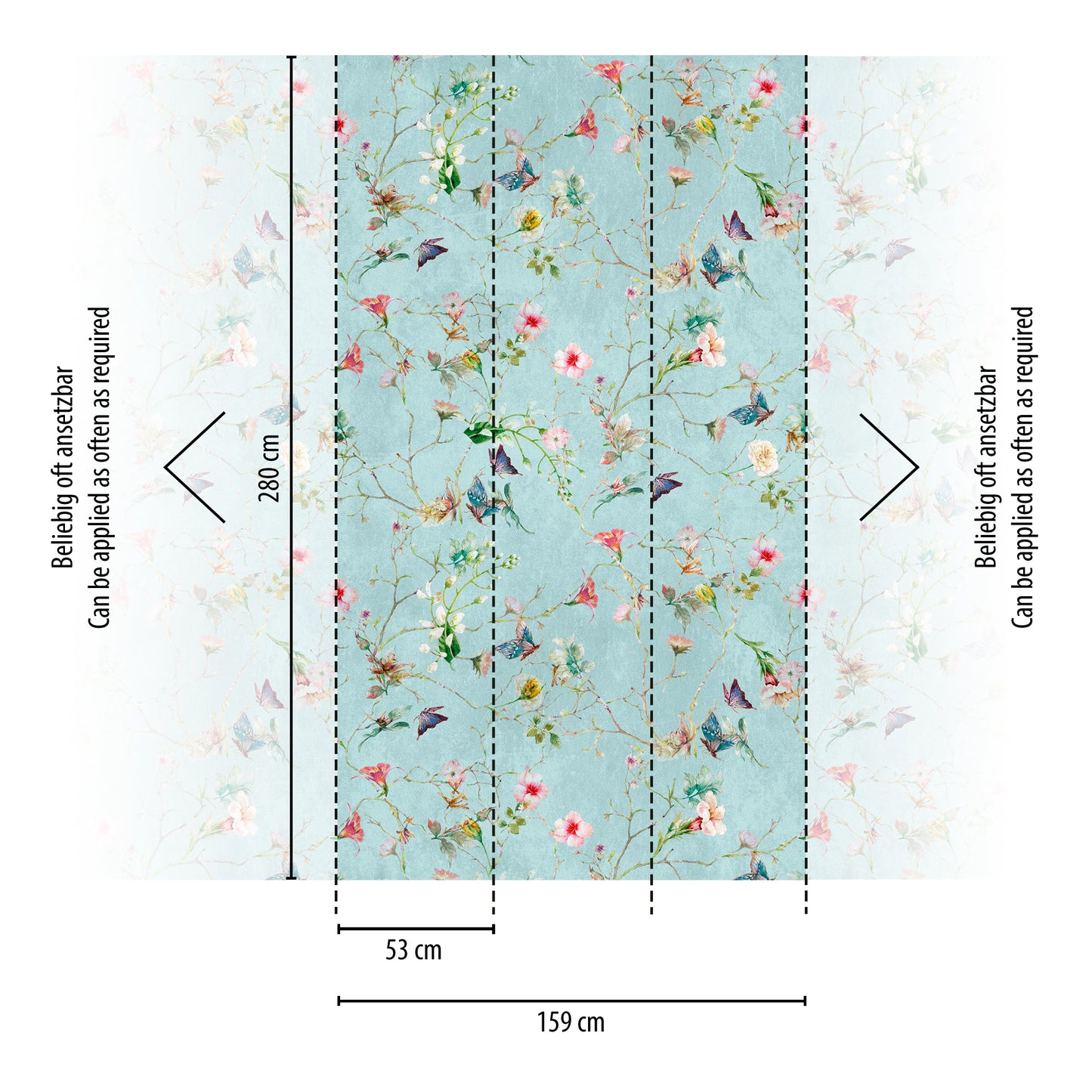 Fototapete Blumen Schmetterlinge Türkis – 1,59 m x 2,80 m