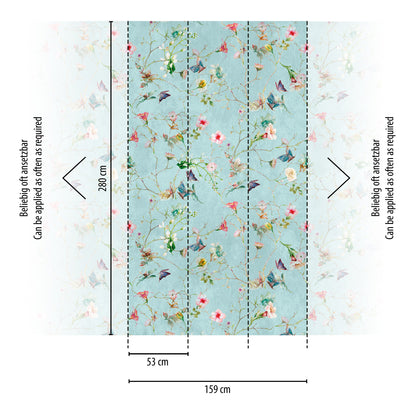 Fototapete Blumen Schmetterlinge Türkis – 1,59 m x 2,80 m