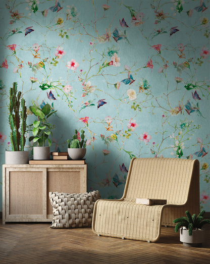 Fototapete Blumen Schmetterlinge Türkis – 1,59 m x 2,80 m