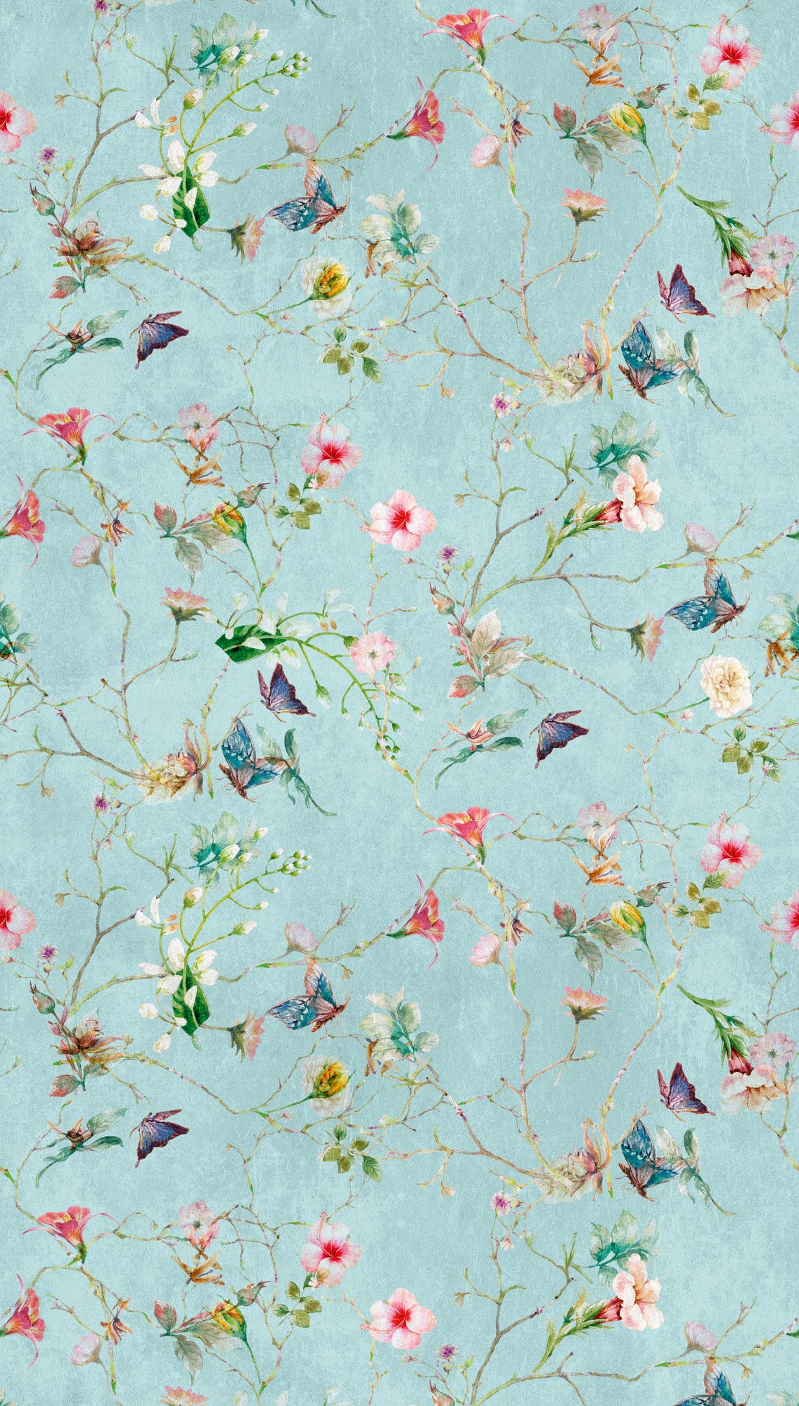 Fototapete Blumen Schmetterlinge Türkis – 1,59 m x 2,80 m