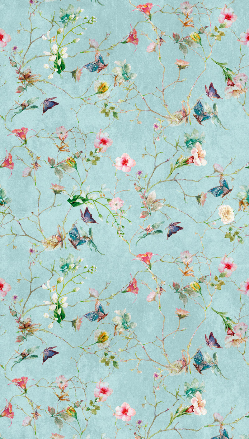 Fototapete Blumen Schmetterlinge Türkis – 1,59 m x 2,80 m