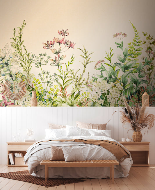 Fototapete Blumenwiese Beige Grün - 3,71 m x  2,80 m